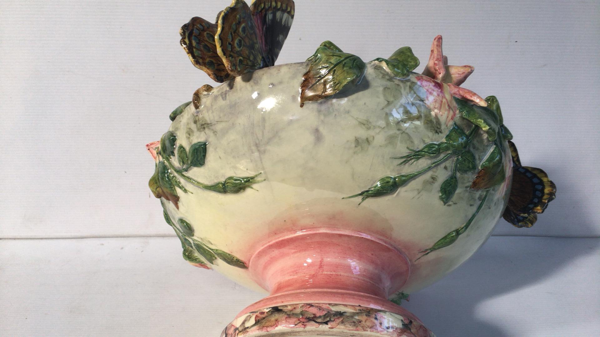 Ceramic 19th Century Majolica Roses and Butterfly Jardinière Delphin Massier For Sale