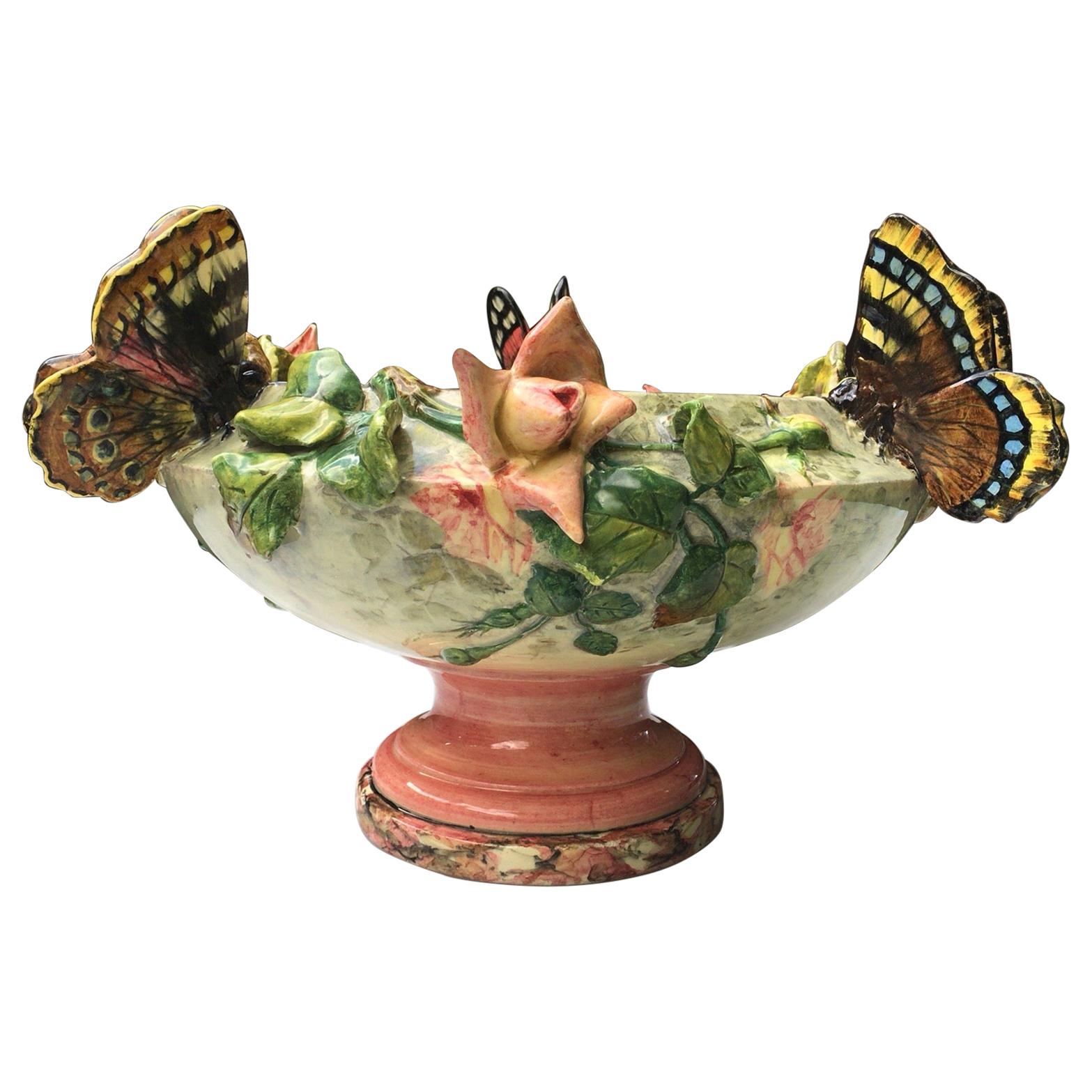 19th Century Majolica Roses and Butterfly Jardinière Delphin Massier For Sale