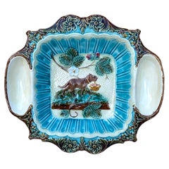 19th Century Majolica Strawberries Platter with Dog Holding a Basket