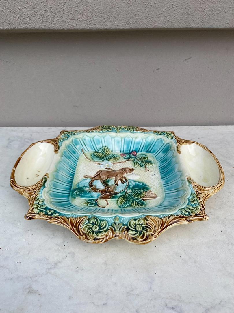 French 19th Century Majolica Strawberries Platter with Dog Holding a Basket For Sale