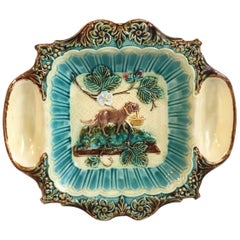 19th Century Majolica Strawberries Platter with Dog Holding a Basket