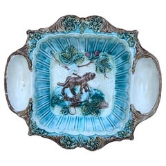 19th Century Majolica Strawberries Platter with Dog Holding a Basket