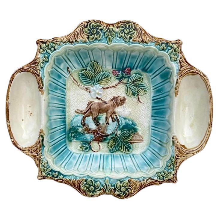 19th Century Majolica Strawberries Platter with Dog Holding a Basket For Sale