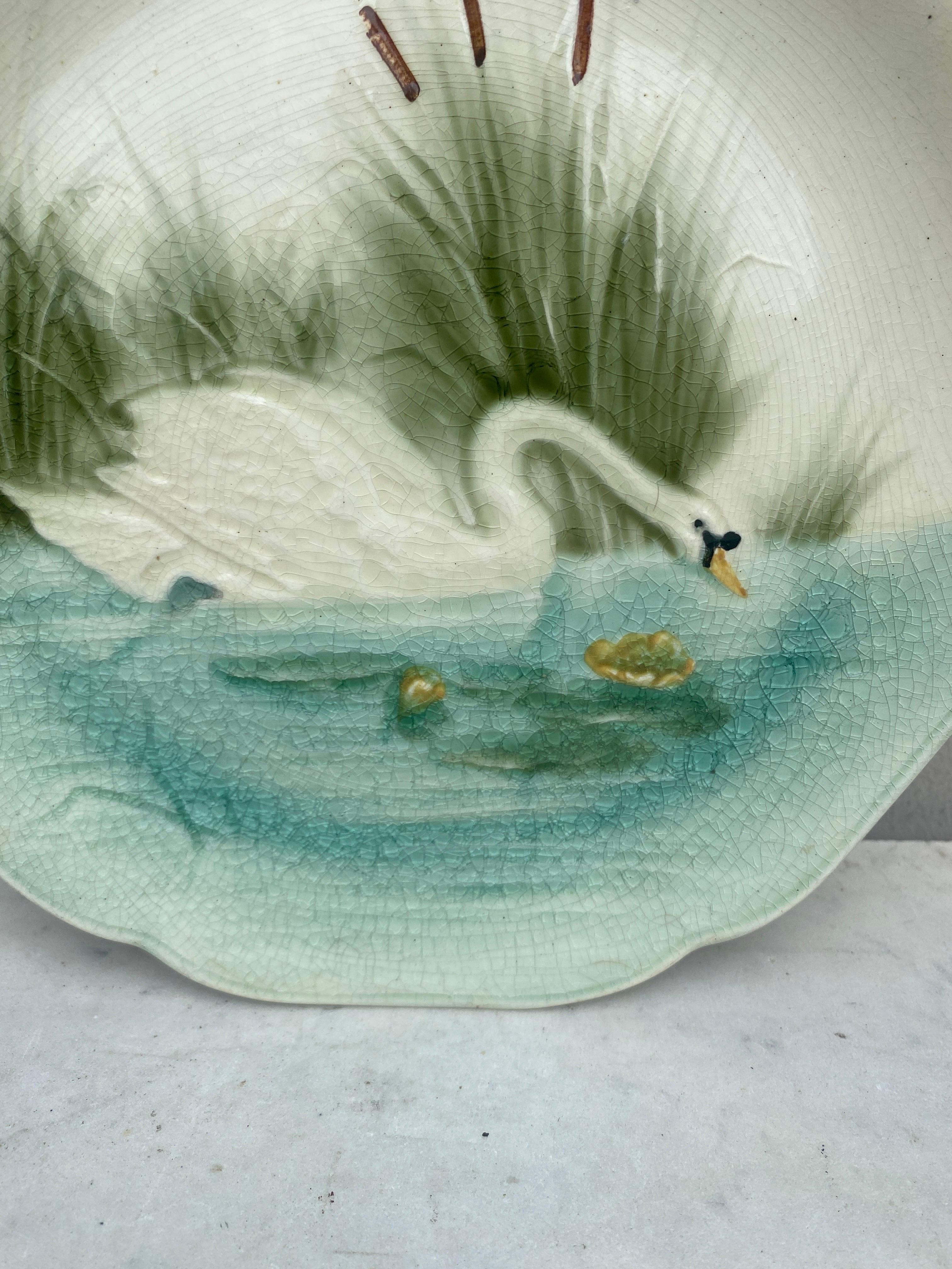 Country 19th Century Majolica Swan Plate Choisy Le Roi