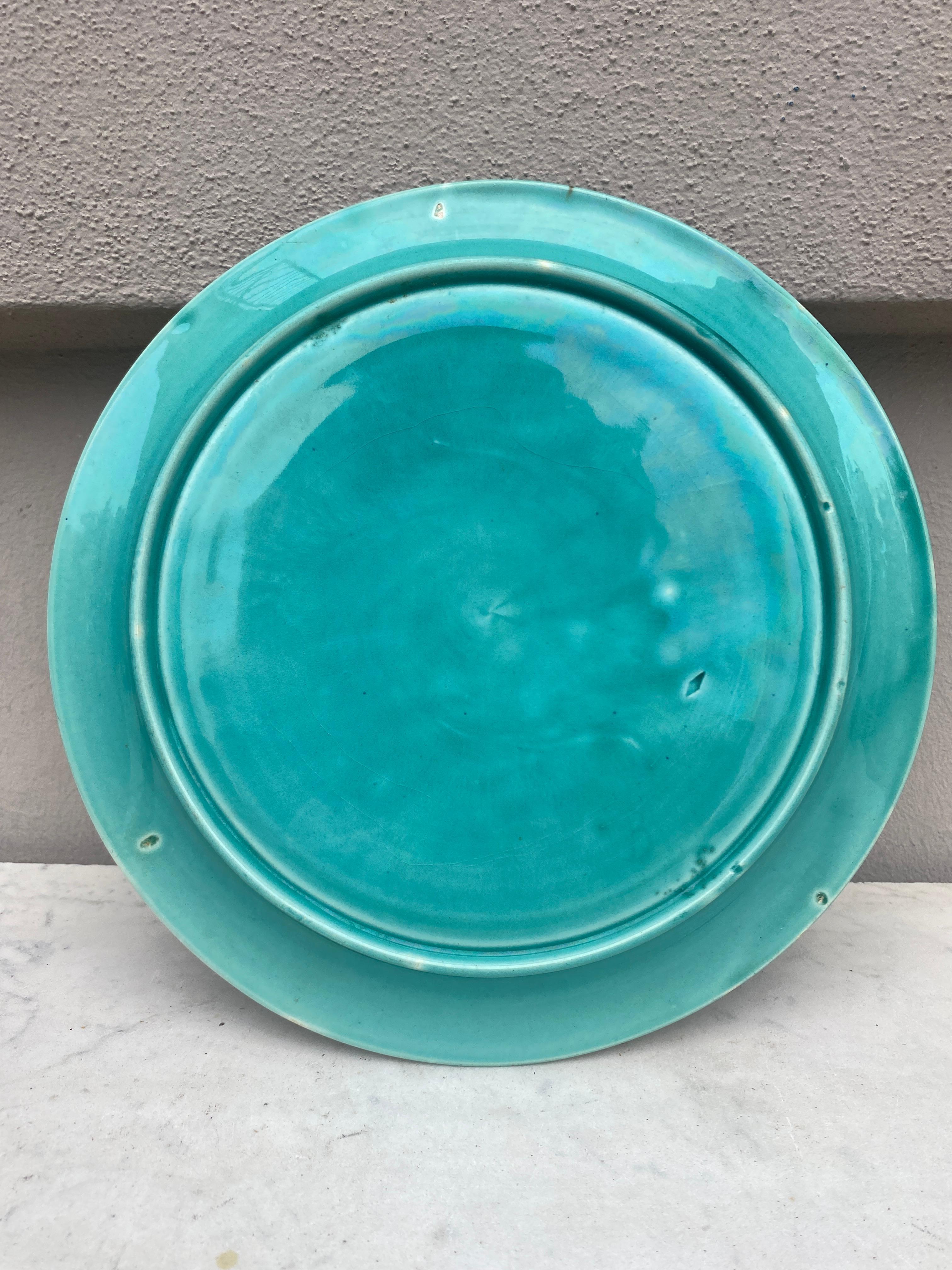 19th Century Majolica Turquoise Asparagus Plate Luneville In Good Condition For Sale In Austin, TX