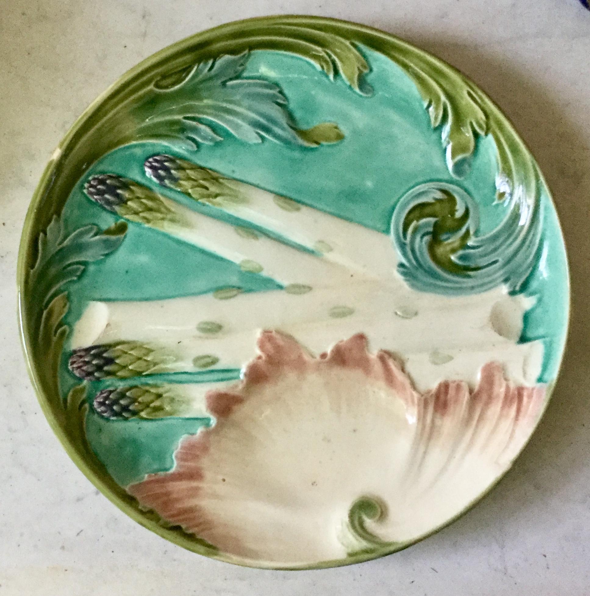 19th Century Majolica Turquoise Asparagus Plate Luneville For Sale 2