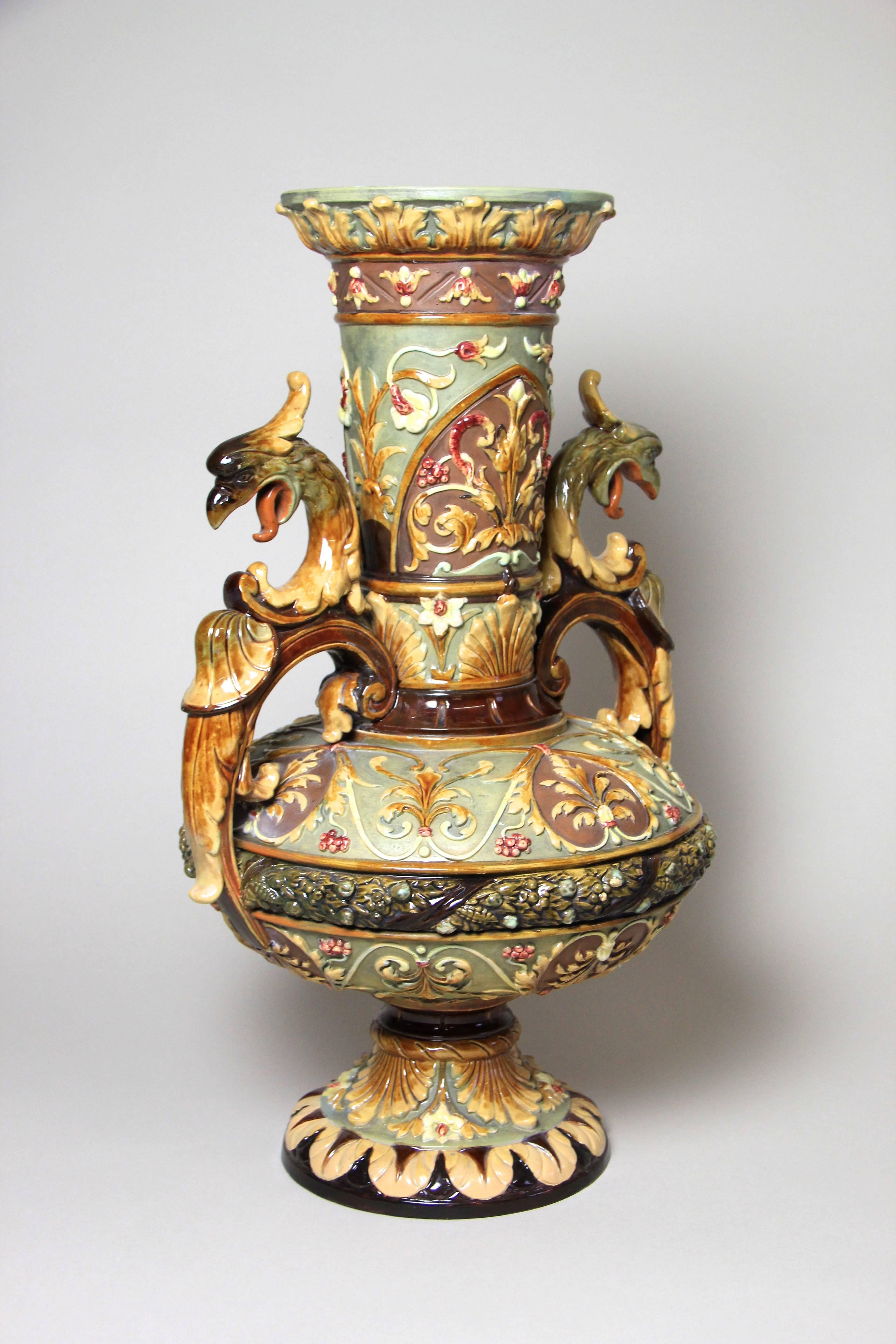 Hand-Painted 19th Century Majolica Vase by Wilhelm Schiller & Son Marked, Bohemia, circa 1880