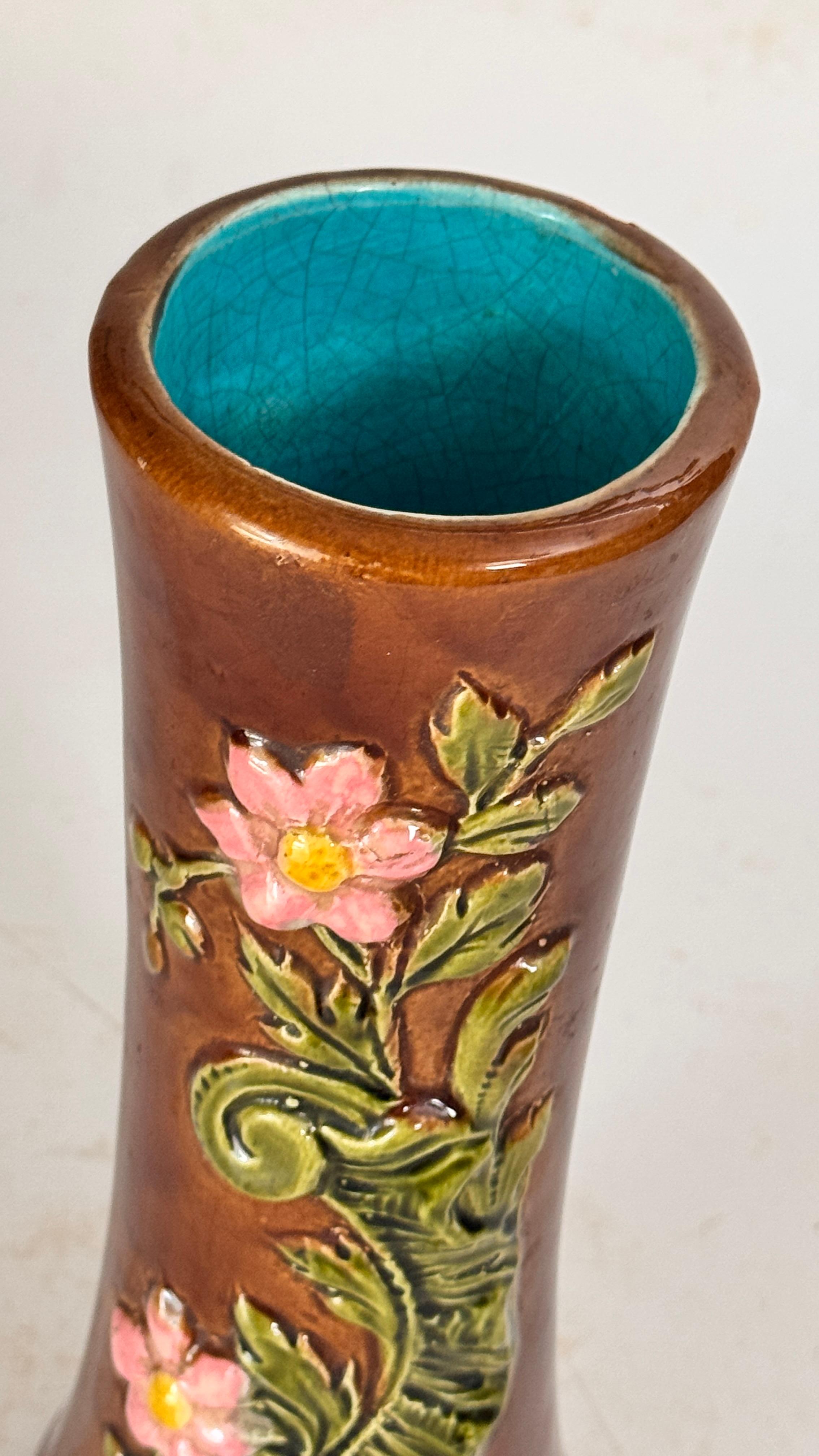 Enameled 19th Century Majolica Vase with Floral and Foliage Motifs For Sale