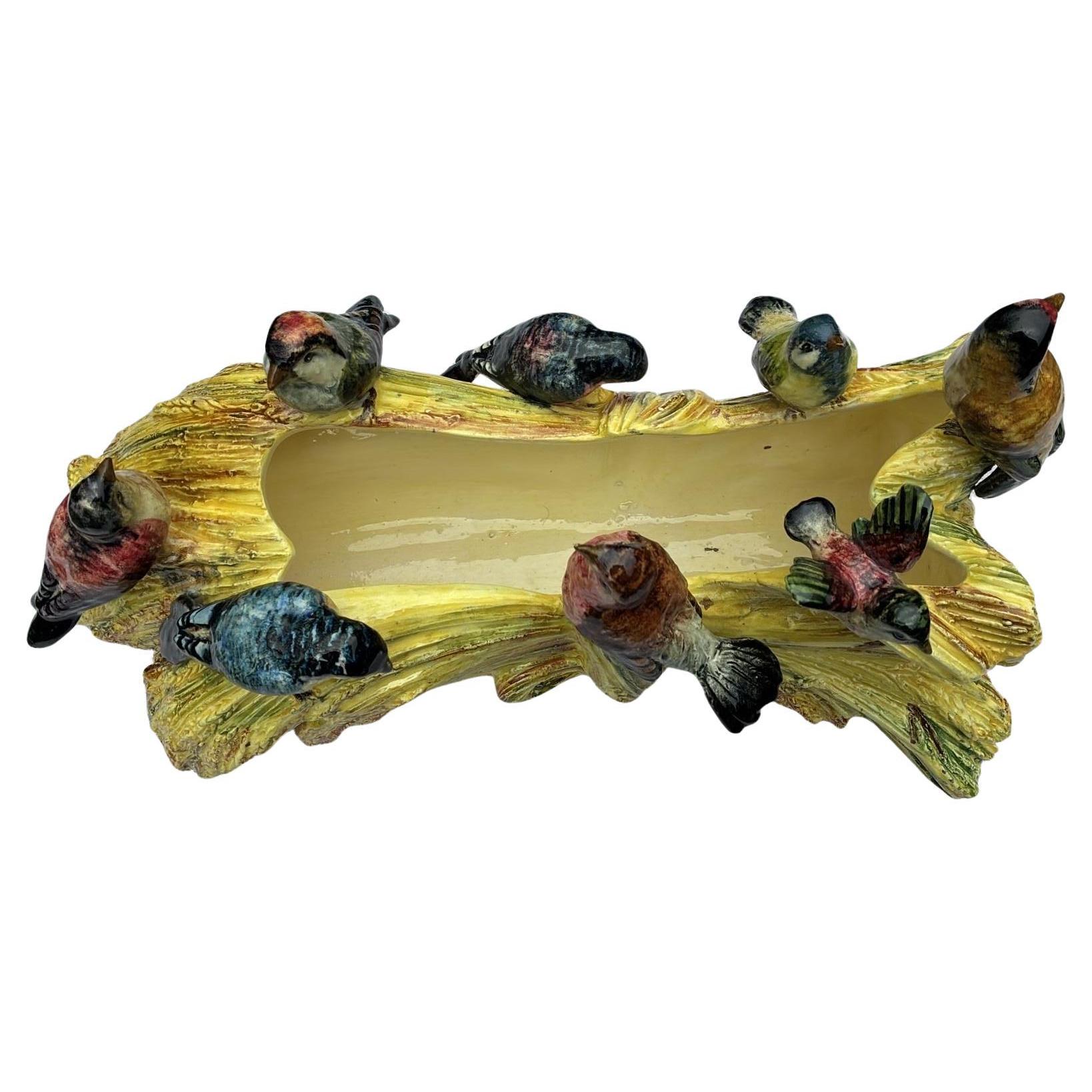 Country Jardinière en majolique du 19e siècle avec oiseaux Delphin Massier en vente