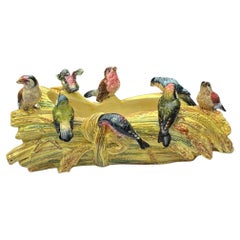19th Century Majolica Wheat Jardiniere With Birds Delphin Massier