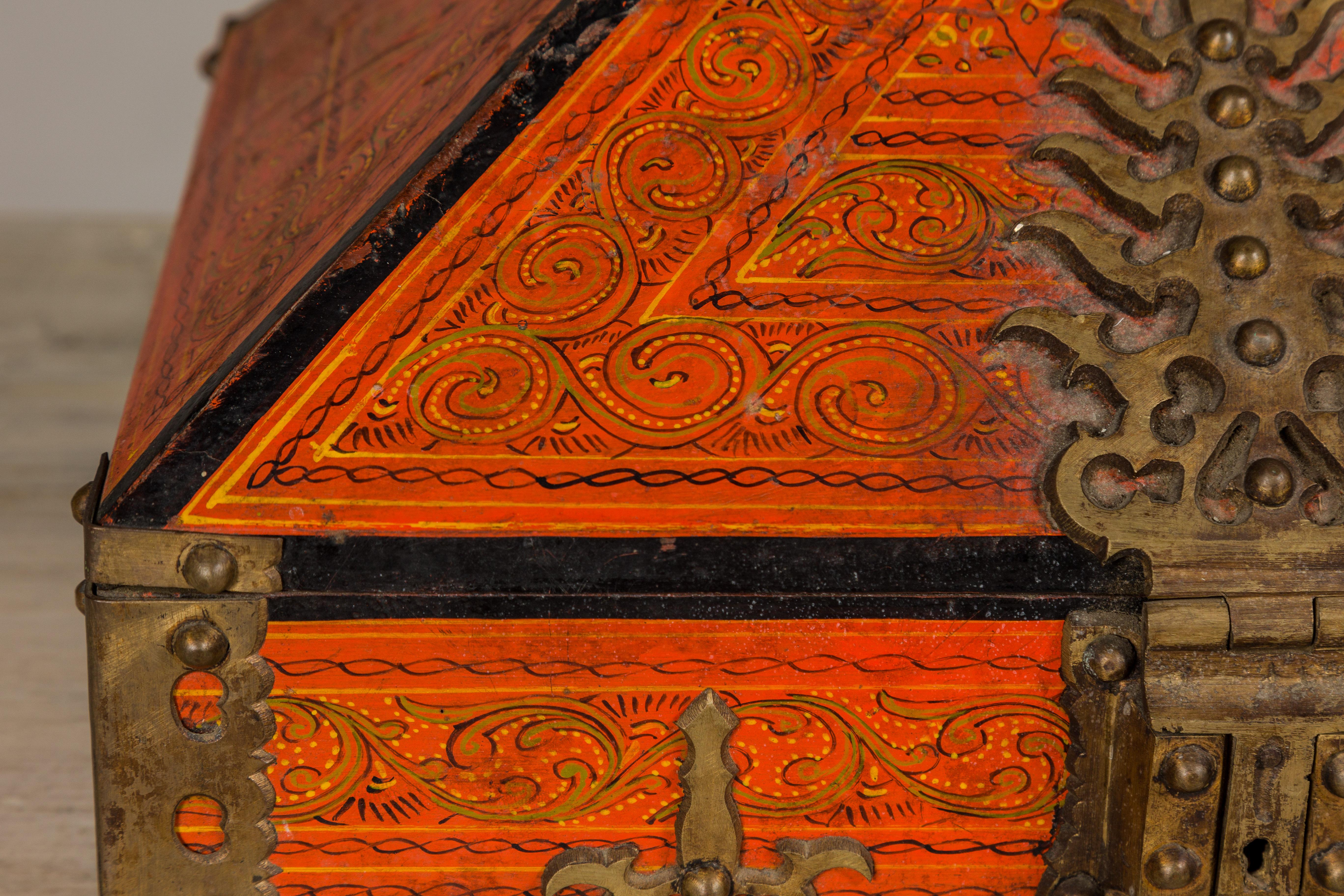 Indian 19th Century Malabar Jewelry Box Lacquered with Ornate Brass Accents from Kerala For Sale