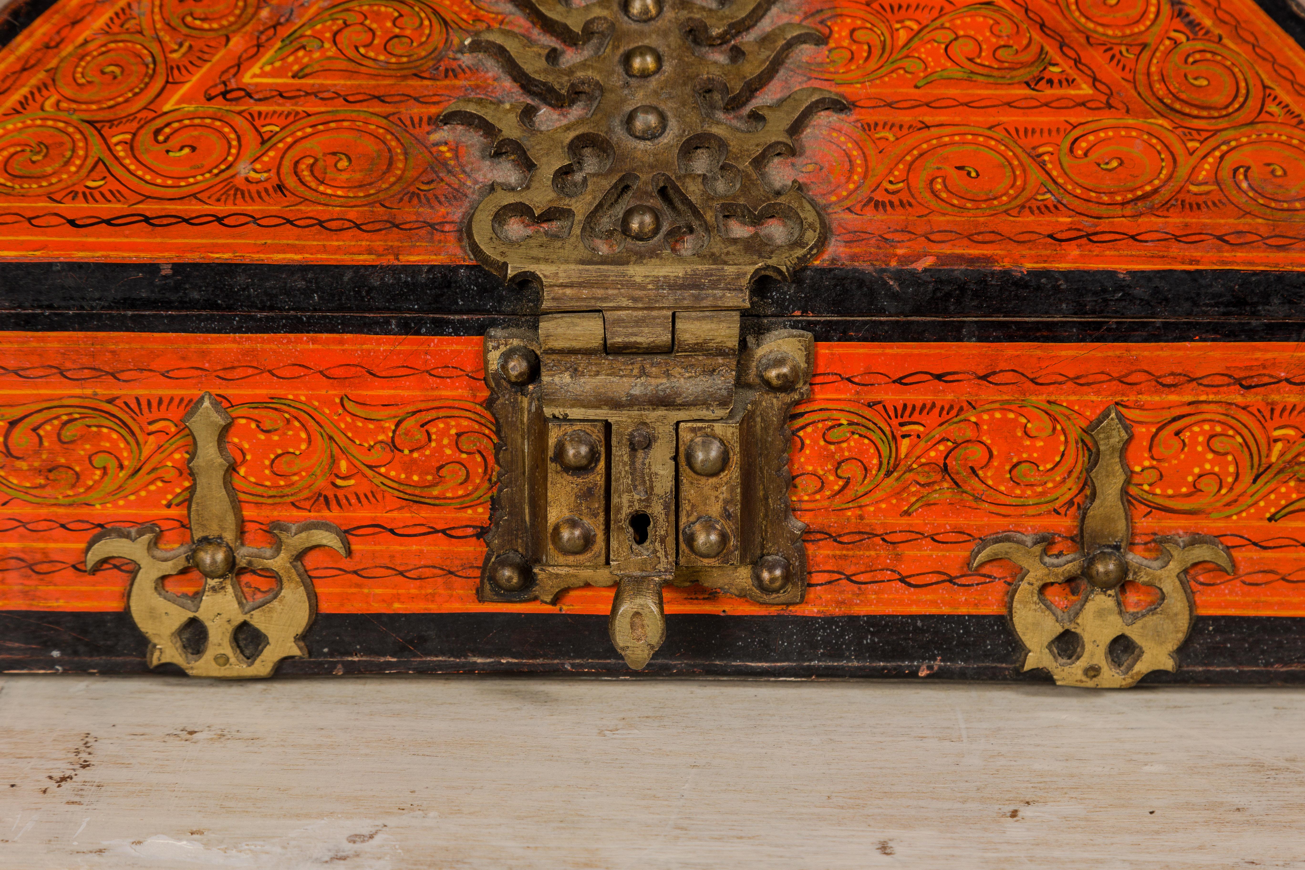 19th Century Malabar Jewelry Box Lacquered with Ornate Brass Accents from Kerala In Good Condition For Sale In Yonkers, NY