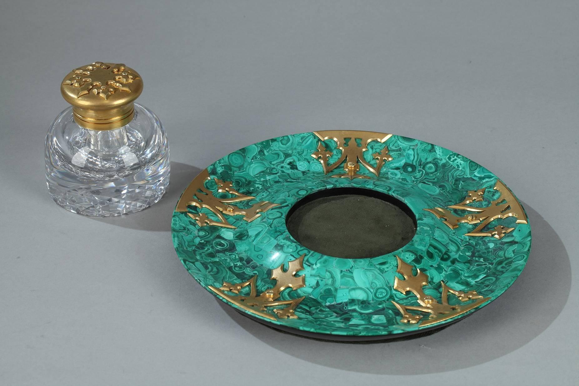 French 19th Century Malachite and Gilt Bronze Inkwell For Sale