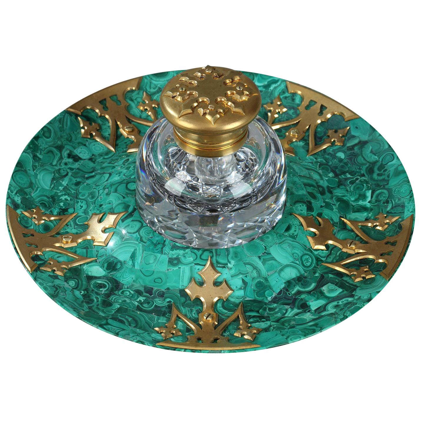 19th Century Malachite and Gilt Bronze Inkwell For Sale