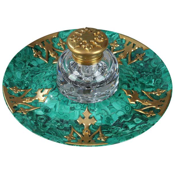 Crystal Ink Pot 19th Century Malachite and Gilt Bronze Inkwell For Sale at 1stDibs