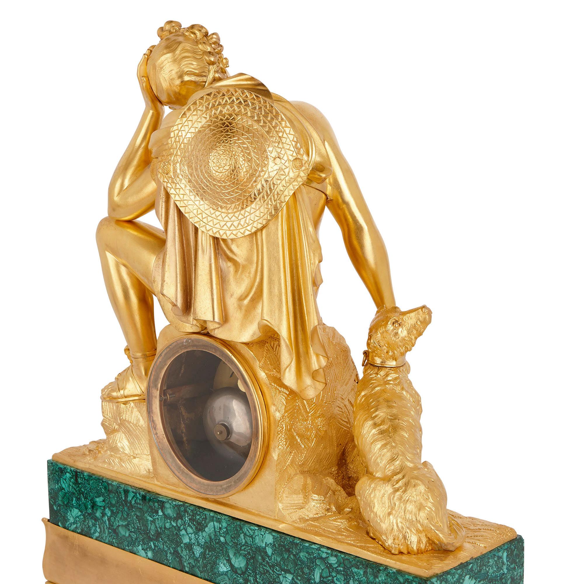 Ormolu 19th Century Malachite and Gilt Bronze Mantel Clock by Honoré Pons For Sale