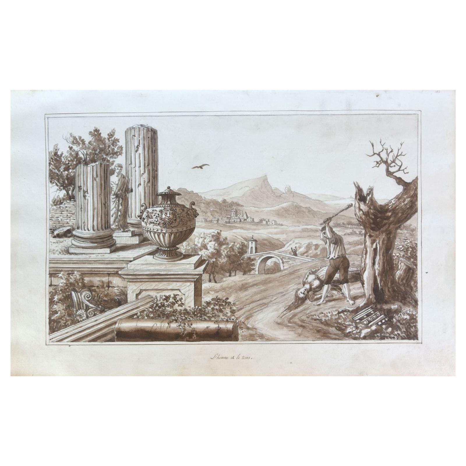 19th Century "Man and time" Watercolor Drawing on Paper from the 18th Century For Sale