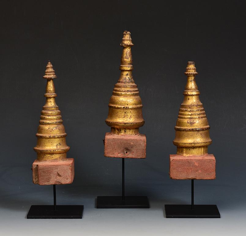 19th Century, Mandalay, A Set of Antique Burmese Wood Carving Pagoda Stupa For Sale 5