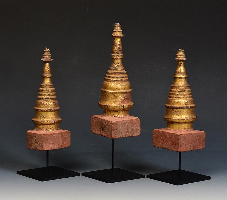 Hand-Carved 19th Century, Mandalay, A Set of Antique Burmese Wood Carving Pagoda Stupa For Sale