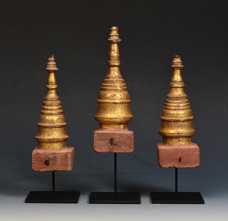 19th Century, Mandalay, A Set of Antique Burmese Wood Carving Pagoda Stupa For Sale 4