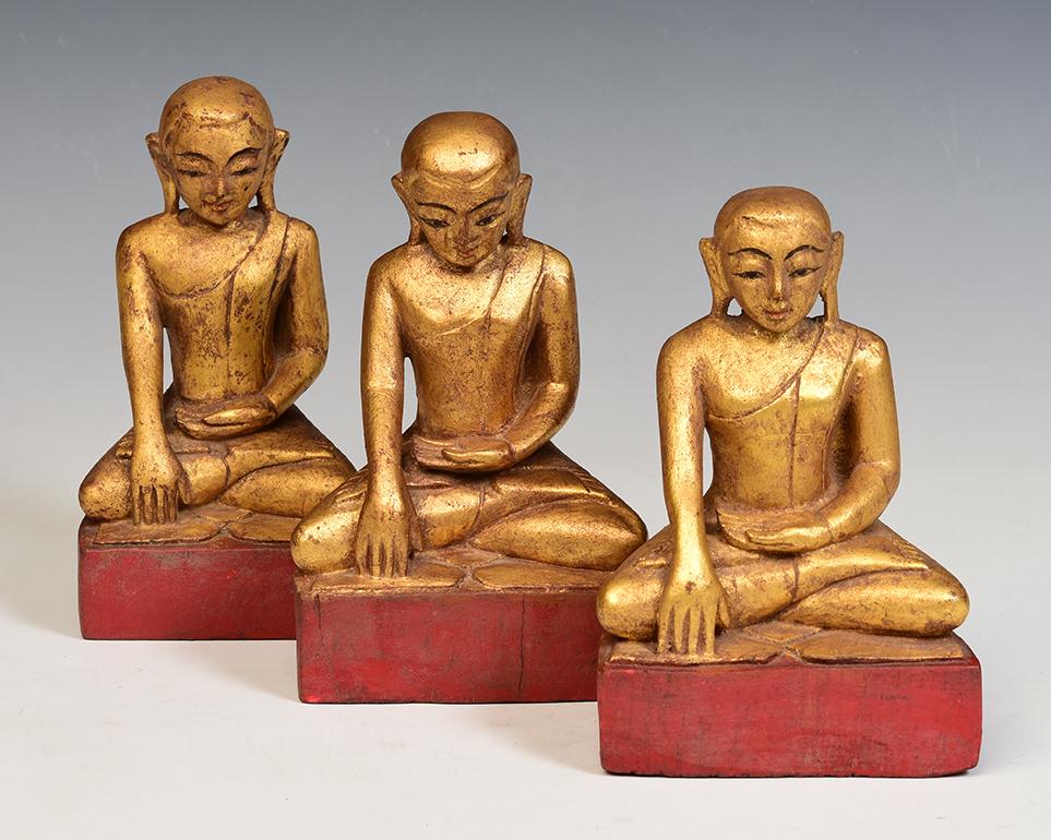 19th Century, Mandalay, A Set of Antique Burmese Wooden Seated Disciple / Monk For Sale 8