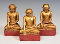 19th Century, Mandalay, A Set of Antique Burmese Wooden Seated Disciple / Monk