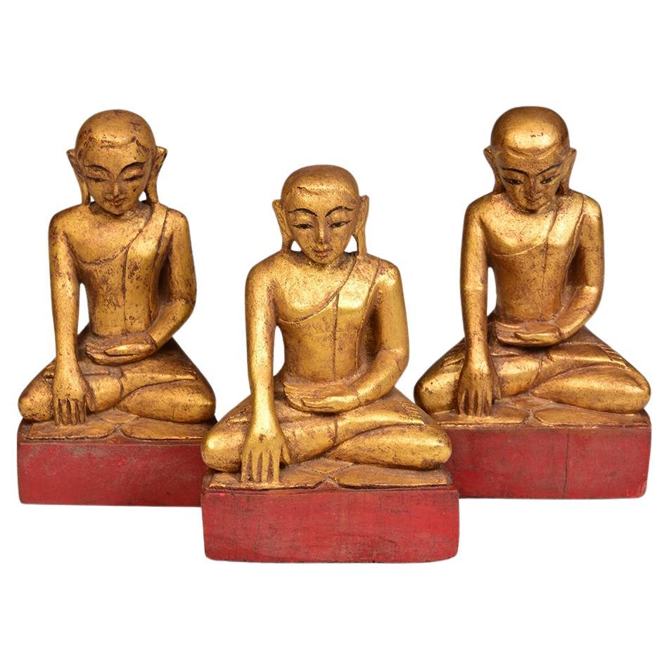 19th Century, Mandalay, A Set of Antique Burmese Wooden Seated Disciple / Monk