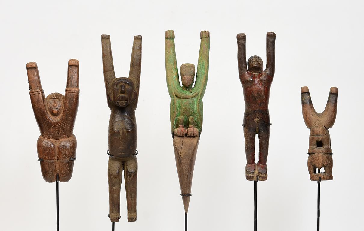 A set of Burmese wooden slingshots.

Age: Burma, Mandalay Period, 19th Century
Size: Height 12.3 - 24 C.M. / Width 4.7 - 6.8 C.M.
Size including stand: Height 32 - 39 C.M.
Condition: Nice condition overall (some expected degradation due to their