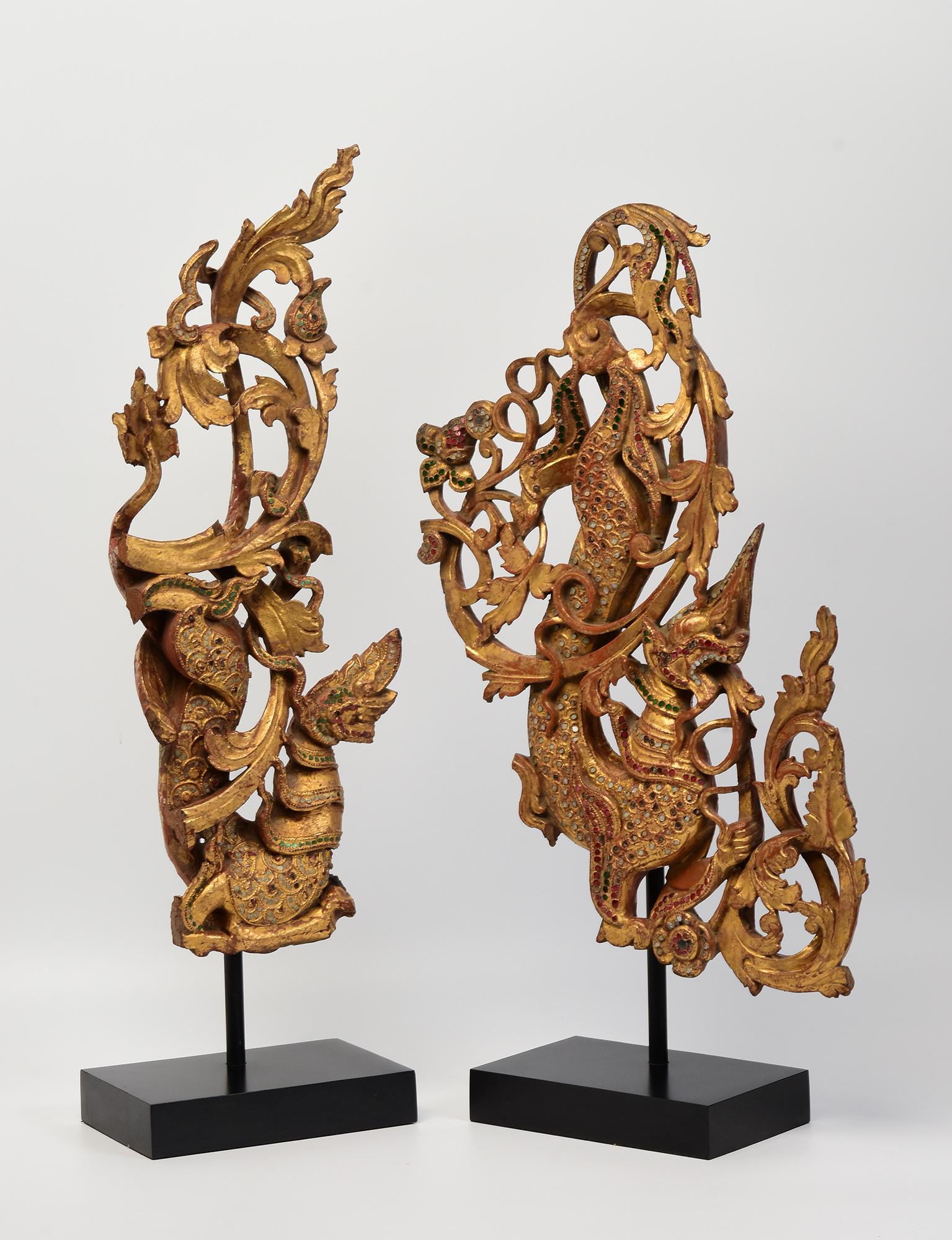 19th Century, Mandalay, A Set of Two Pieces of Burmese Wood Carving Nagas For Sale 7