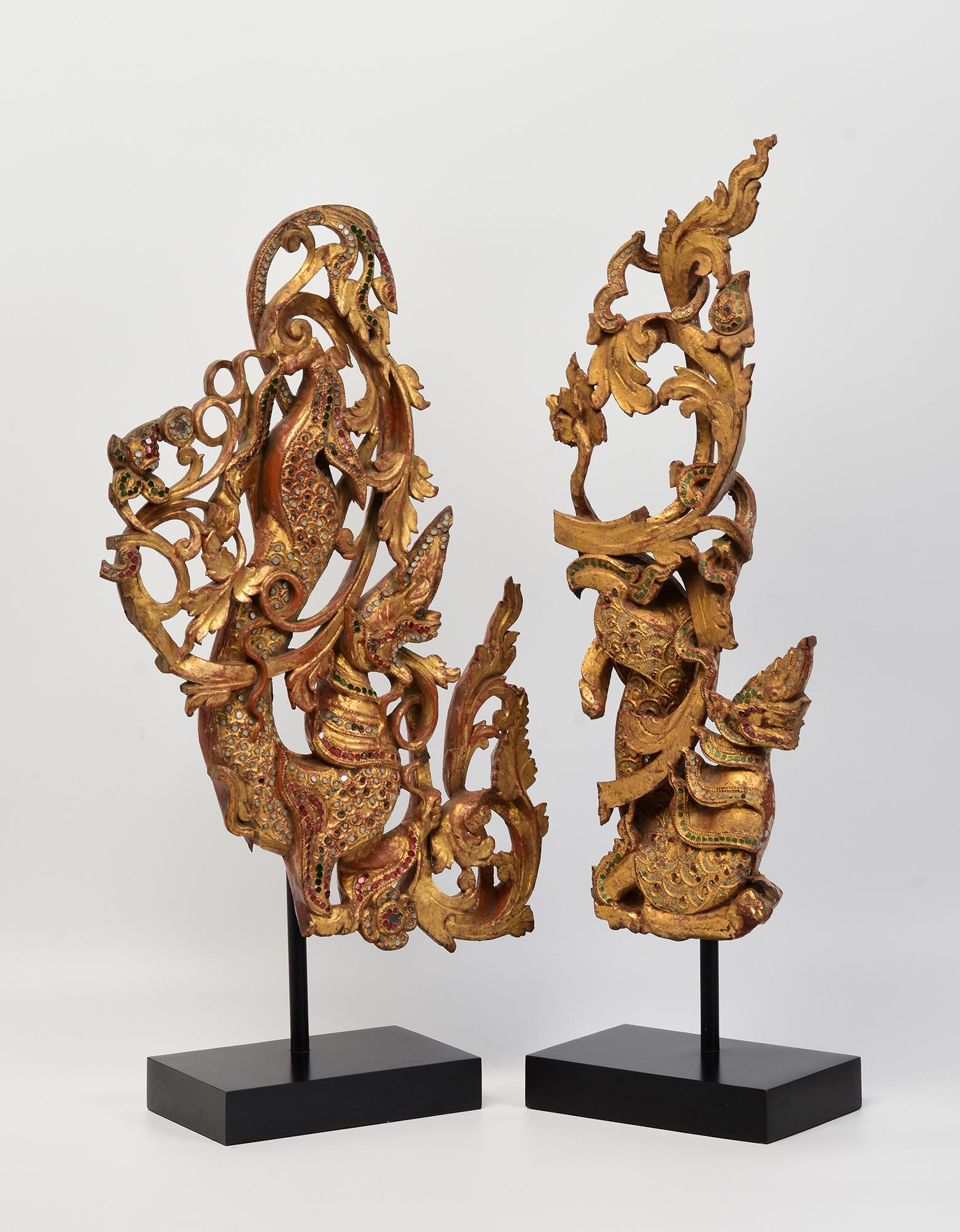 19th Century, Mandalay, A Set of Two Pieces of Burmese Wood Carving Nagas For Sale 8