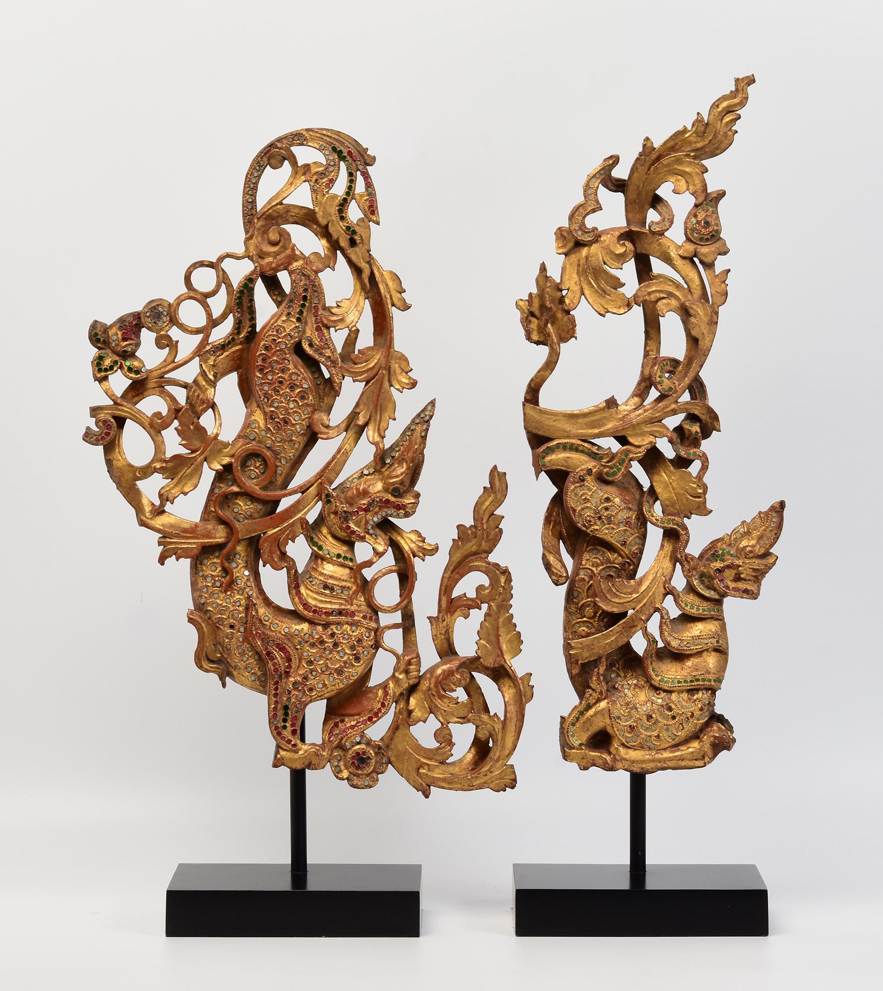 19th Century, Mandalay, A Set of Two Pieces of Burmese Wood Carving Nagas For Sale 9