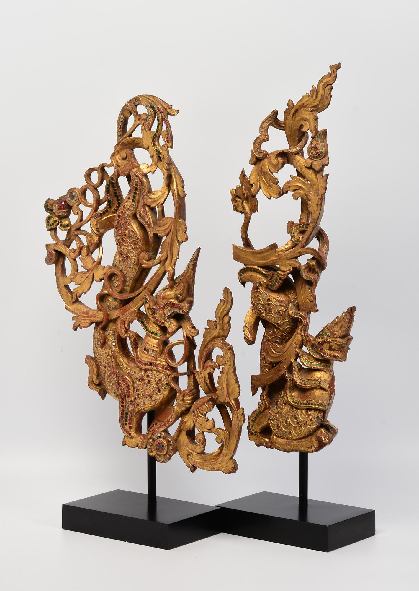 19th Century, Mandalay, A Set of Two Pieces of Burmese Wood Carving Nagas For Sale 3