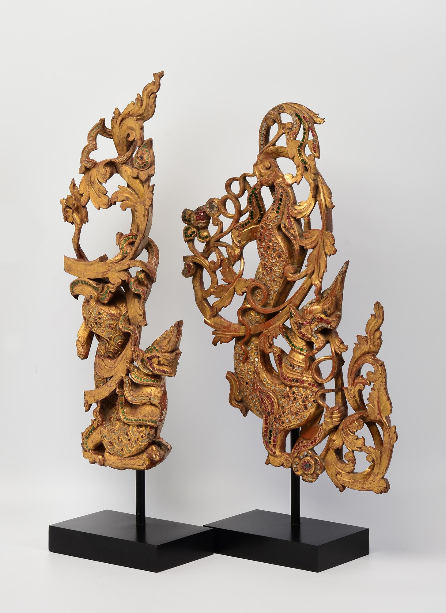 19th Century, Mandalay, A Set of Two Pieces of Burmese Wood Carving Nagas For Sale 4