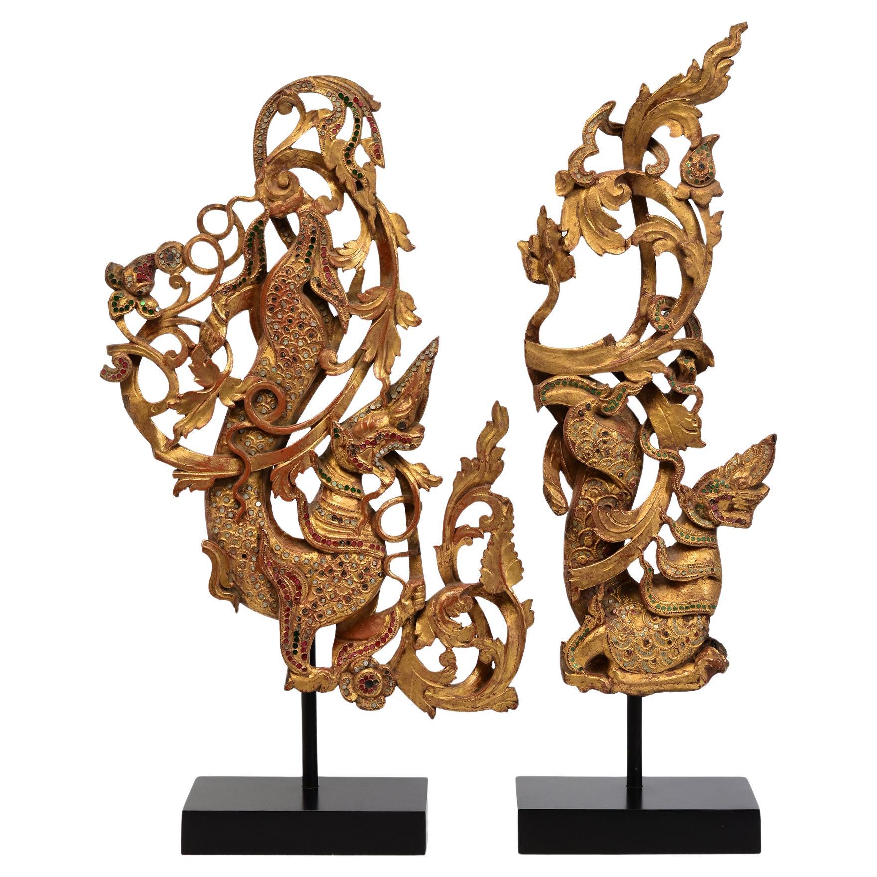 19th Century, Mandalay, A Set of Two Pieces of Burmese Wood Carving Nagas For Sale