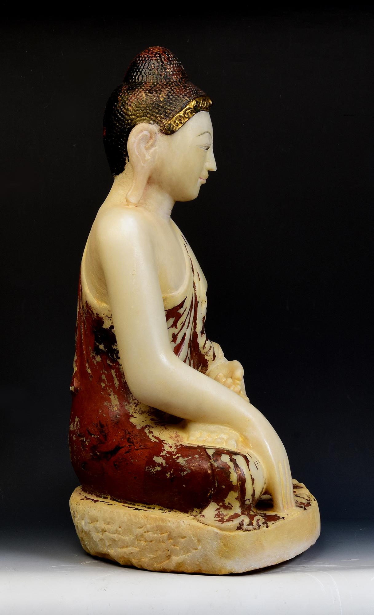 19th Century, Mandalay, Antique Burmese Alabaster Marble Seated Buddha Statue 9