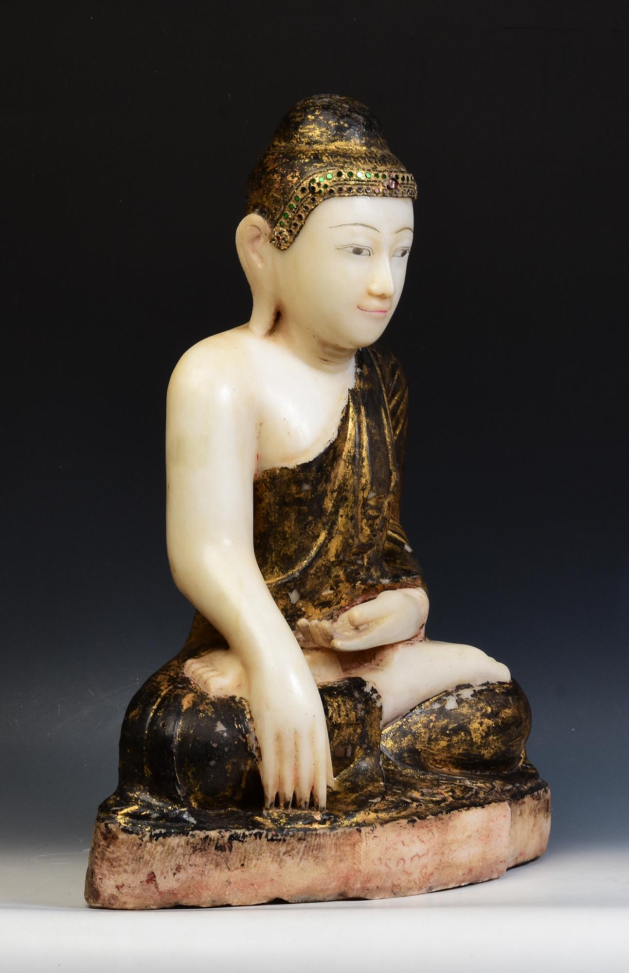 Mandalay, sitzende Buddha-Statue aus antikem burmesischem Alabastermarmor, 19. Jahrhundert im Angebot 9