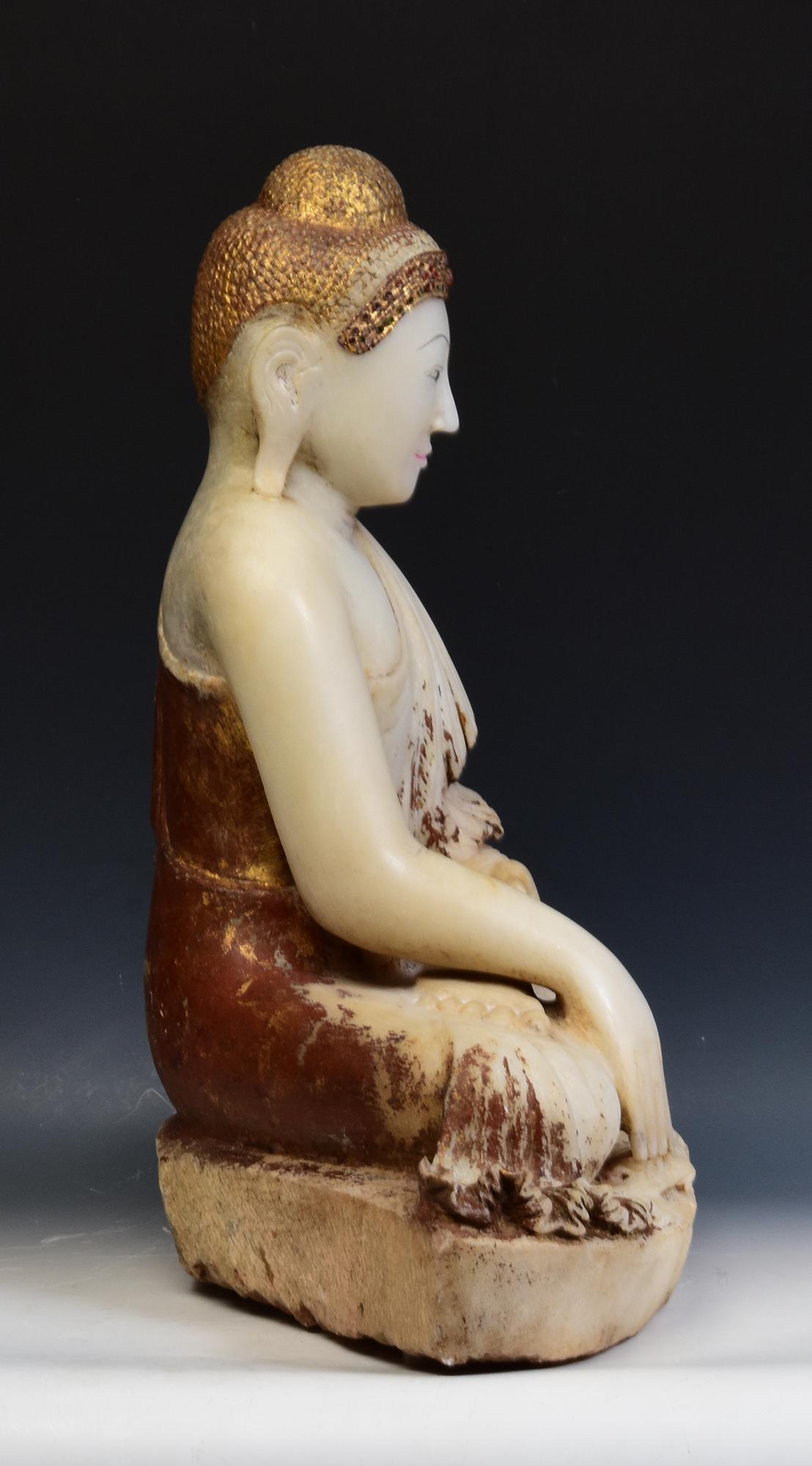 19th Century, Mandalay, Antique Burmese Alabaster Marble Seated Buddha Statue 10