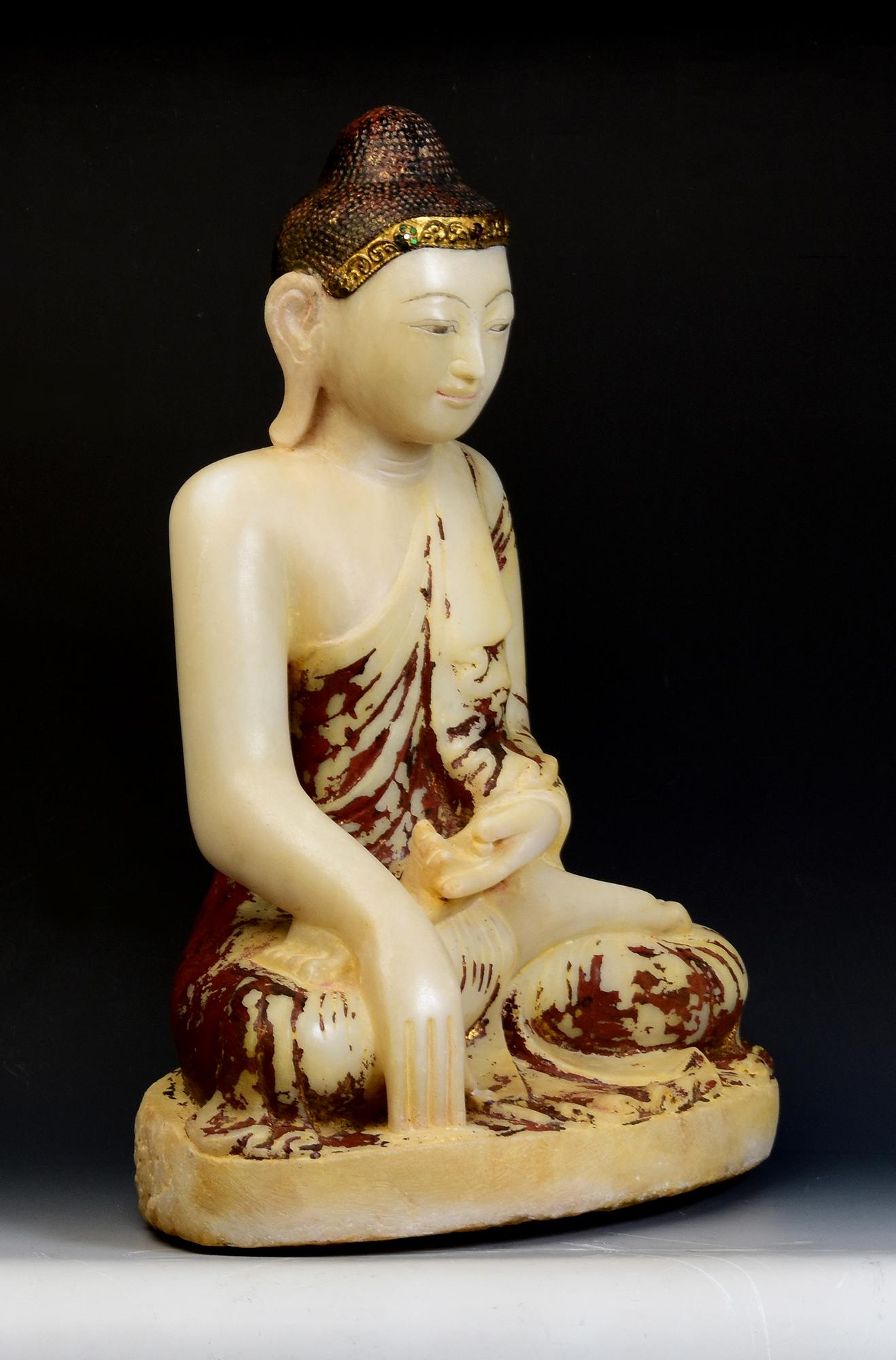 19th Century, Mandalay, Antique Burmese Alabaster Marble Seated Buddha Statue 10