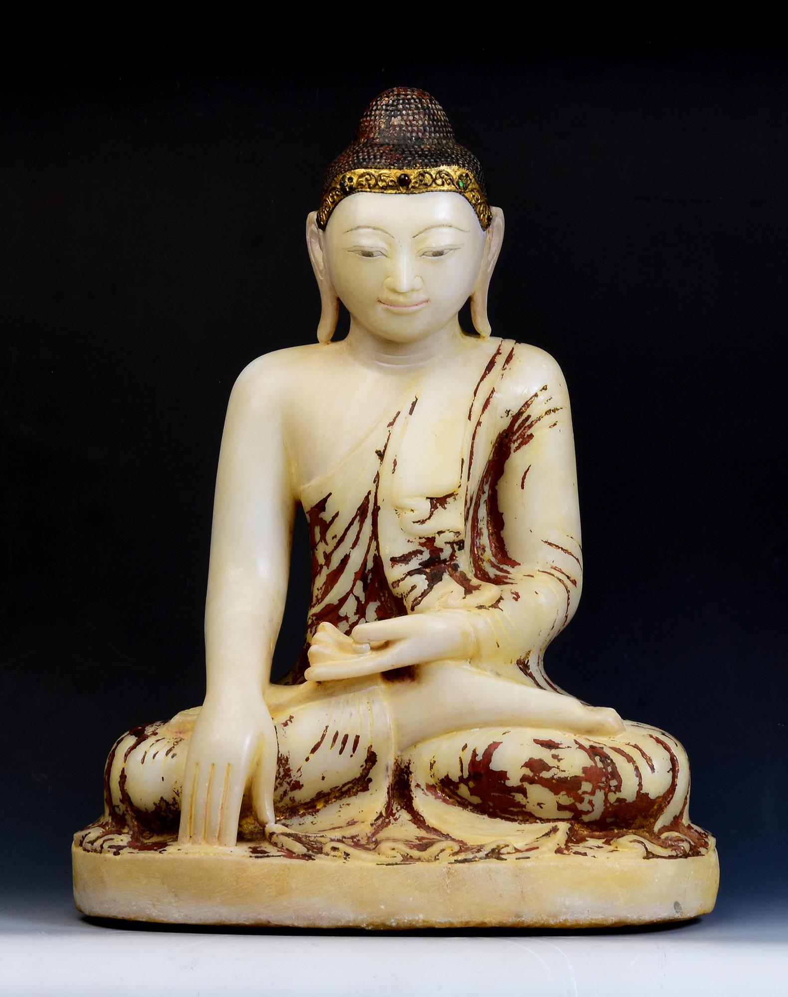 19th Century, Mandalay, Antique Burmese Alabaster Marble Seated Buddha Statue 11
