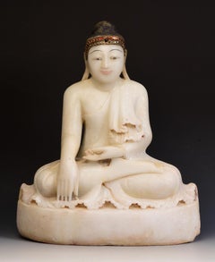 19th Century, Mandalay, Antique Burmese Alabaster Marble Seated Buddha Statue