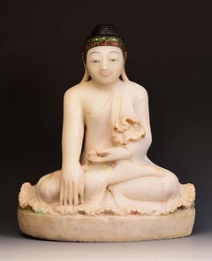 19th Century, Mandalay, Antique Burmese Alabaster Marble Seated Buddha Statue