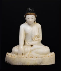 19th Century, Mandalay, Antique Burmese Alabaster Marble Seated Buddha Statue