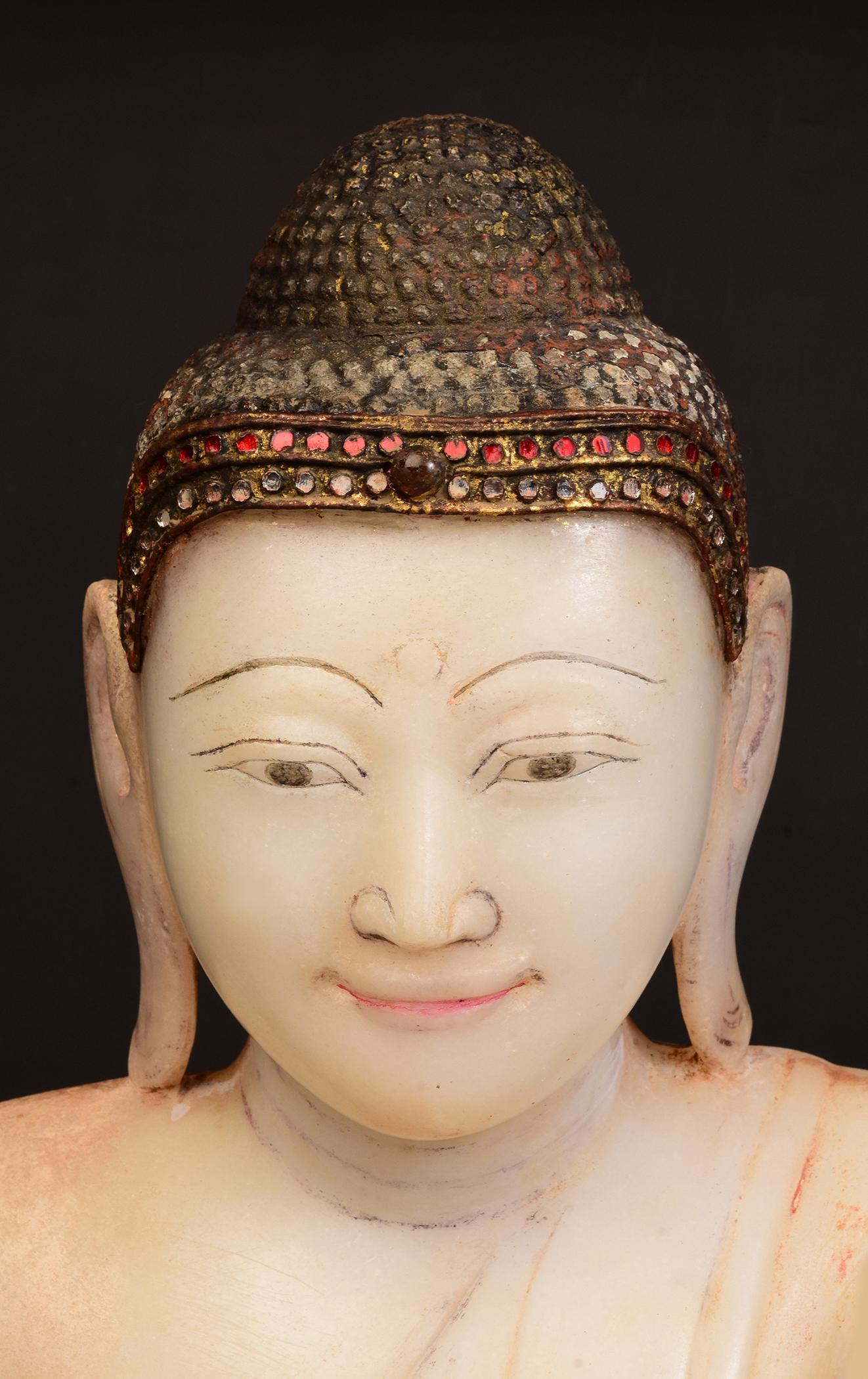 Hand-Carved 19th Century, Mandalay, Antique Burmese Alabaster Marble Seated Buddha Statue