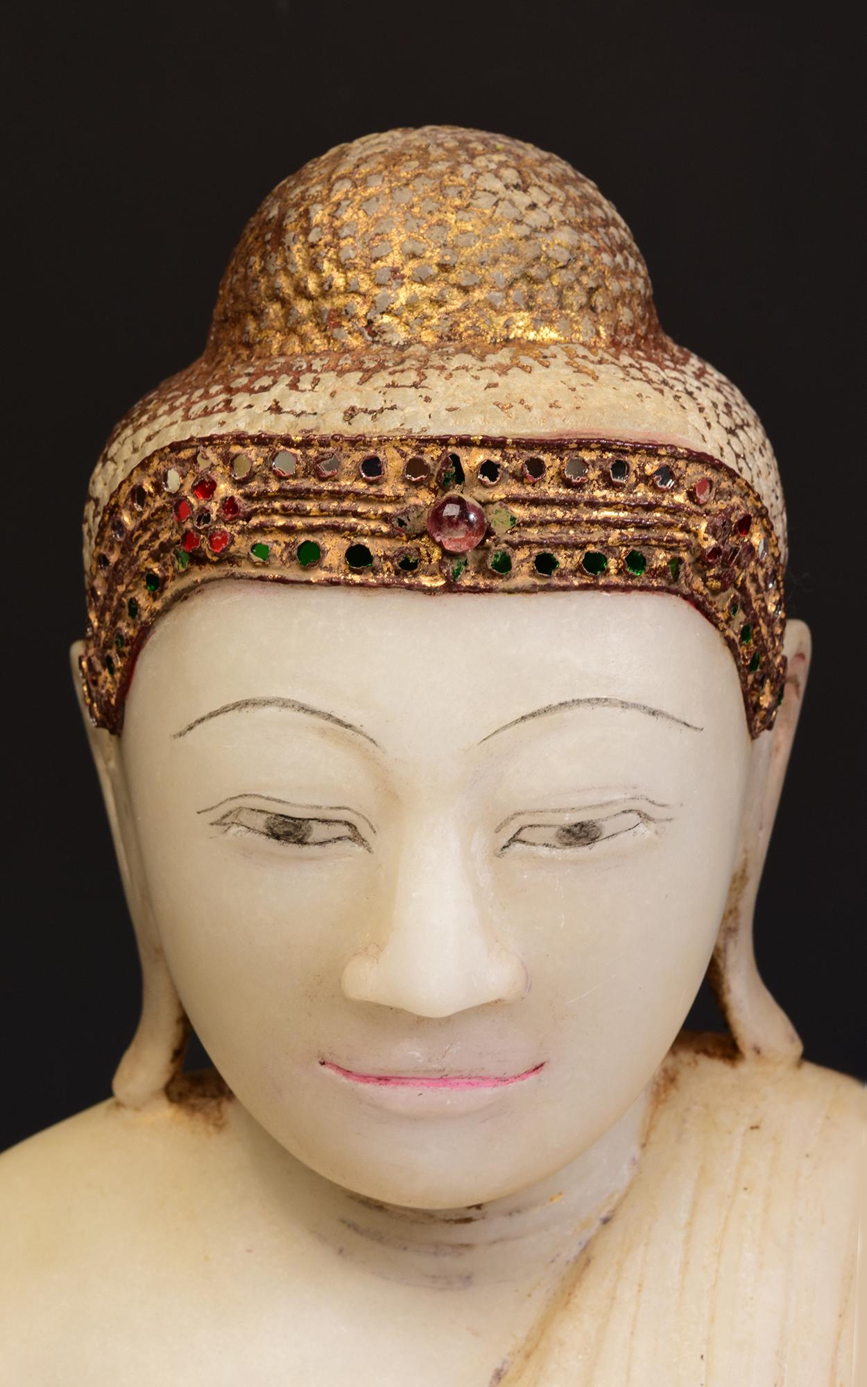 Hand-Carved 19th Century, Mandalay, Antique Burmese Alabaster Marble Seated Buddha Statue