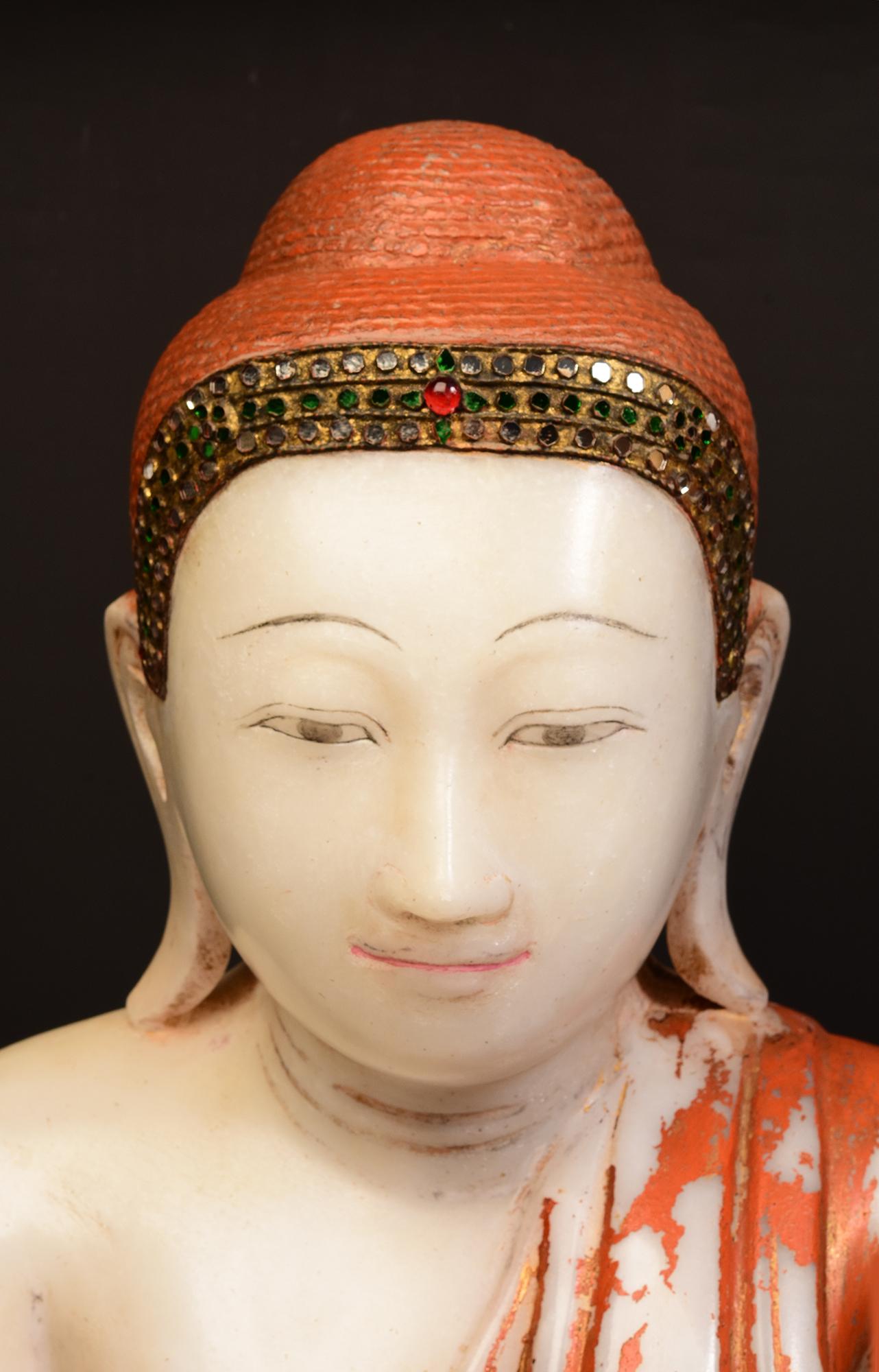 Hand-Carved 19th Century, Mandalay, Antique Burmese Alabaster Marble Seated Buddha Statue