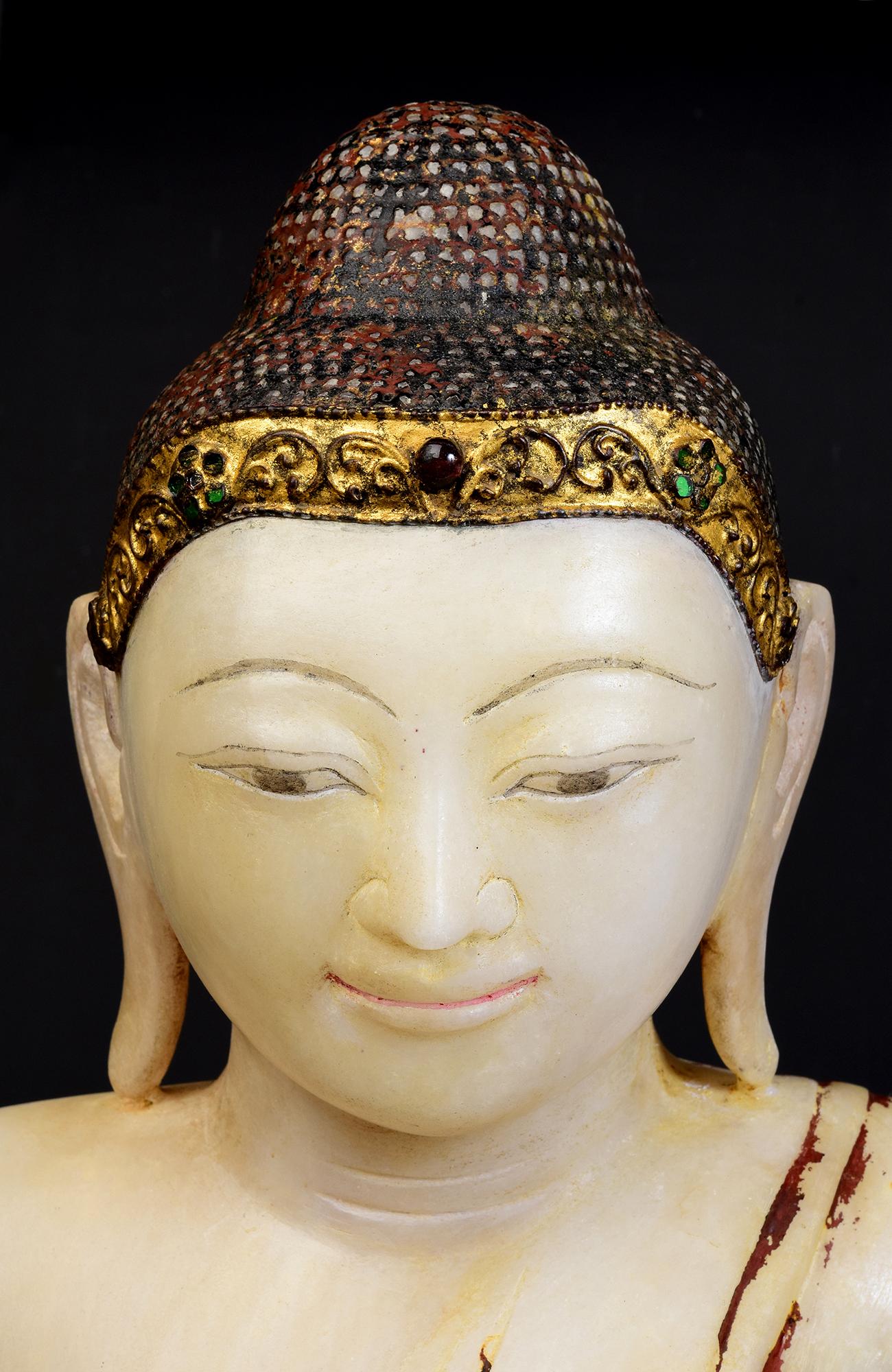 Hand-Carved 19th Century, Mandalay, Antique Burmese Alabaster Marble Seated Buddha Statue