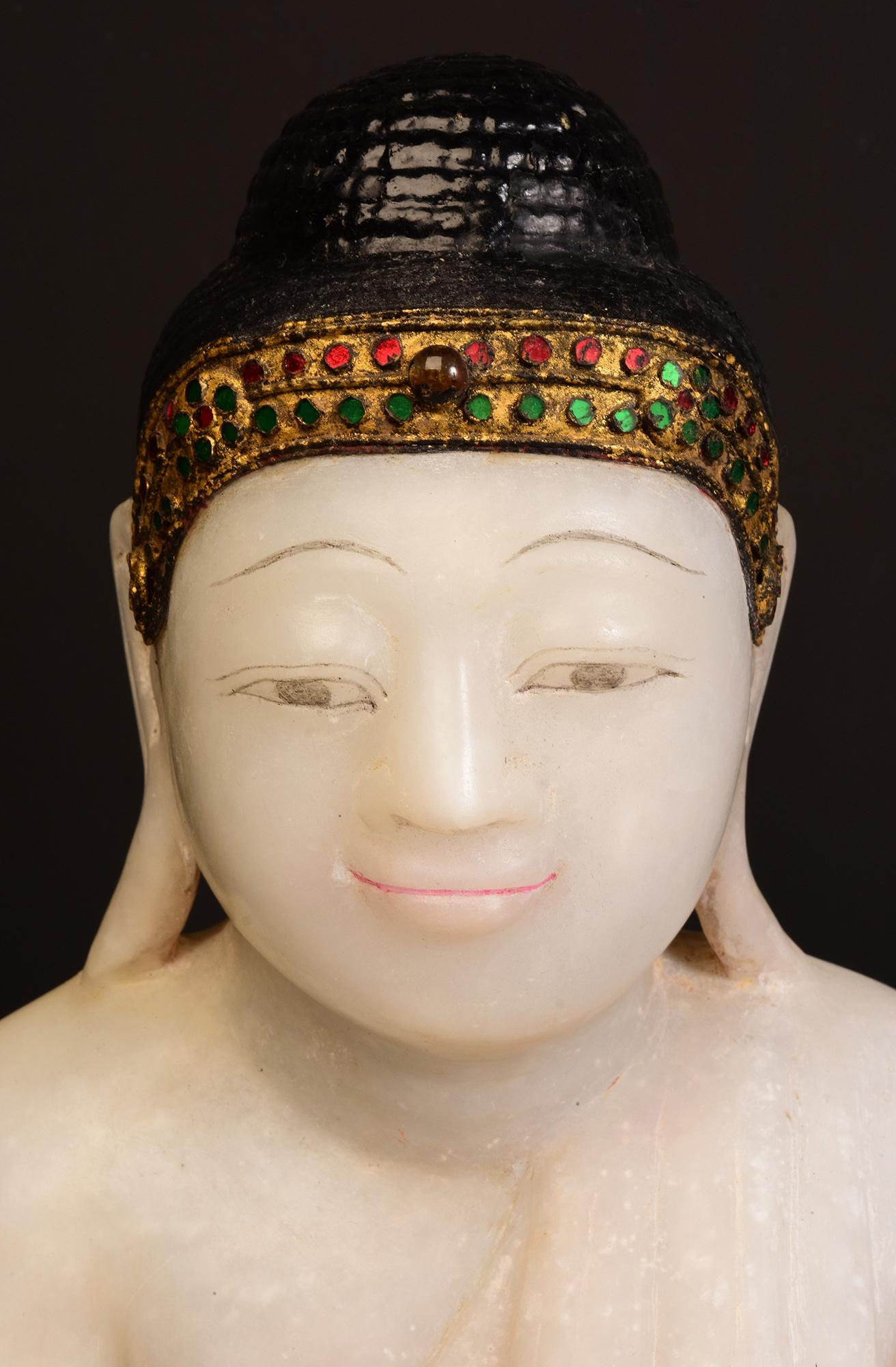 Hand-Carved 19th Century, Mandalay, Antique Burmese Alabaster Marble Seated Buddha Statue For Sale