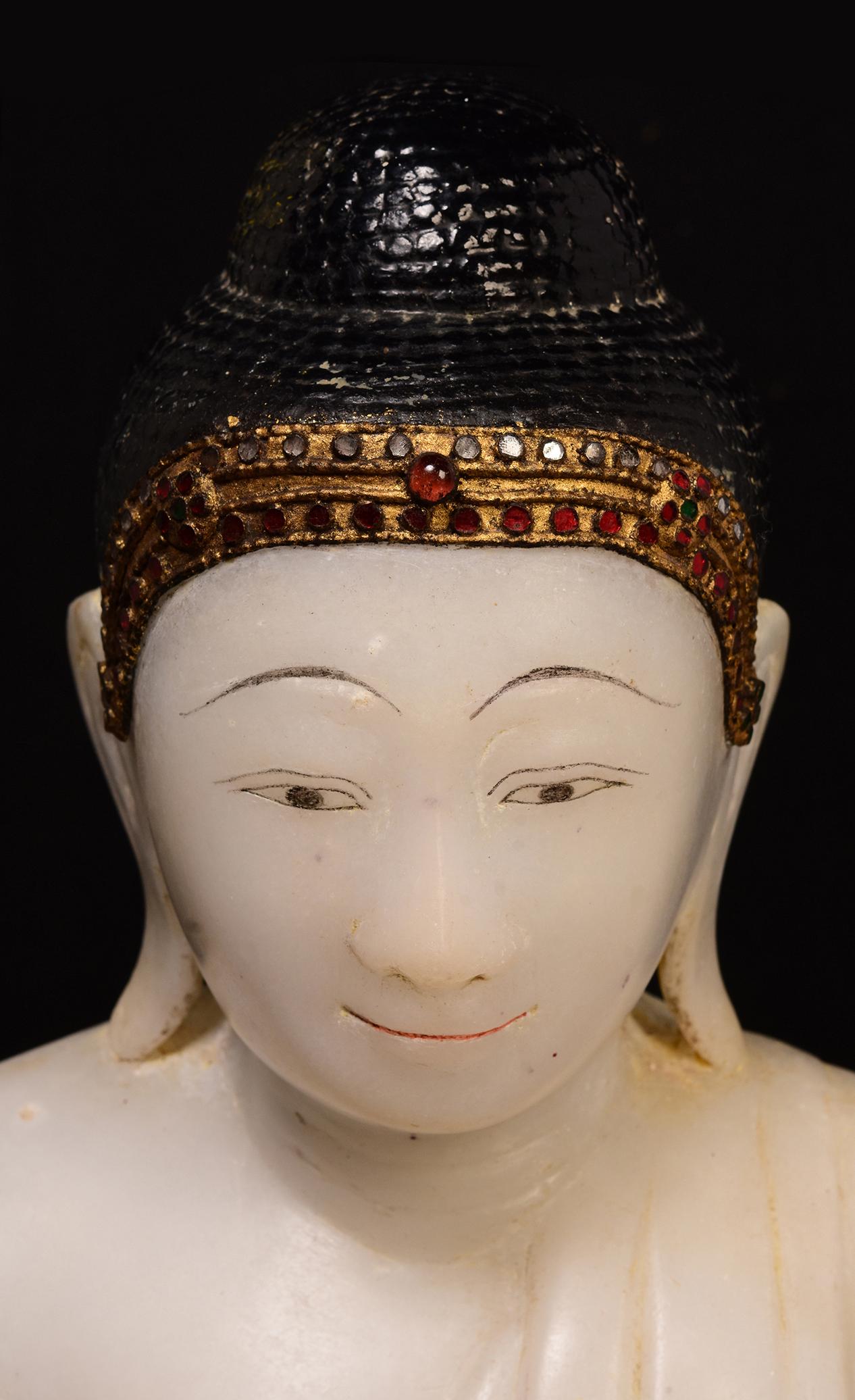 Hand-Carved 19th Century, Mandalay, Antique Burmese Alabaster Marble Seated Buddha Statue For Sale
