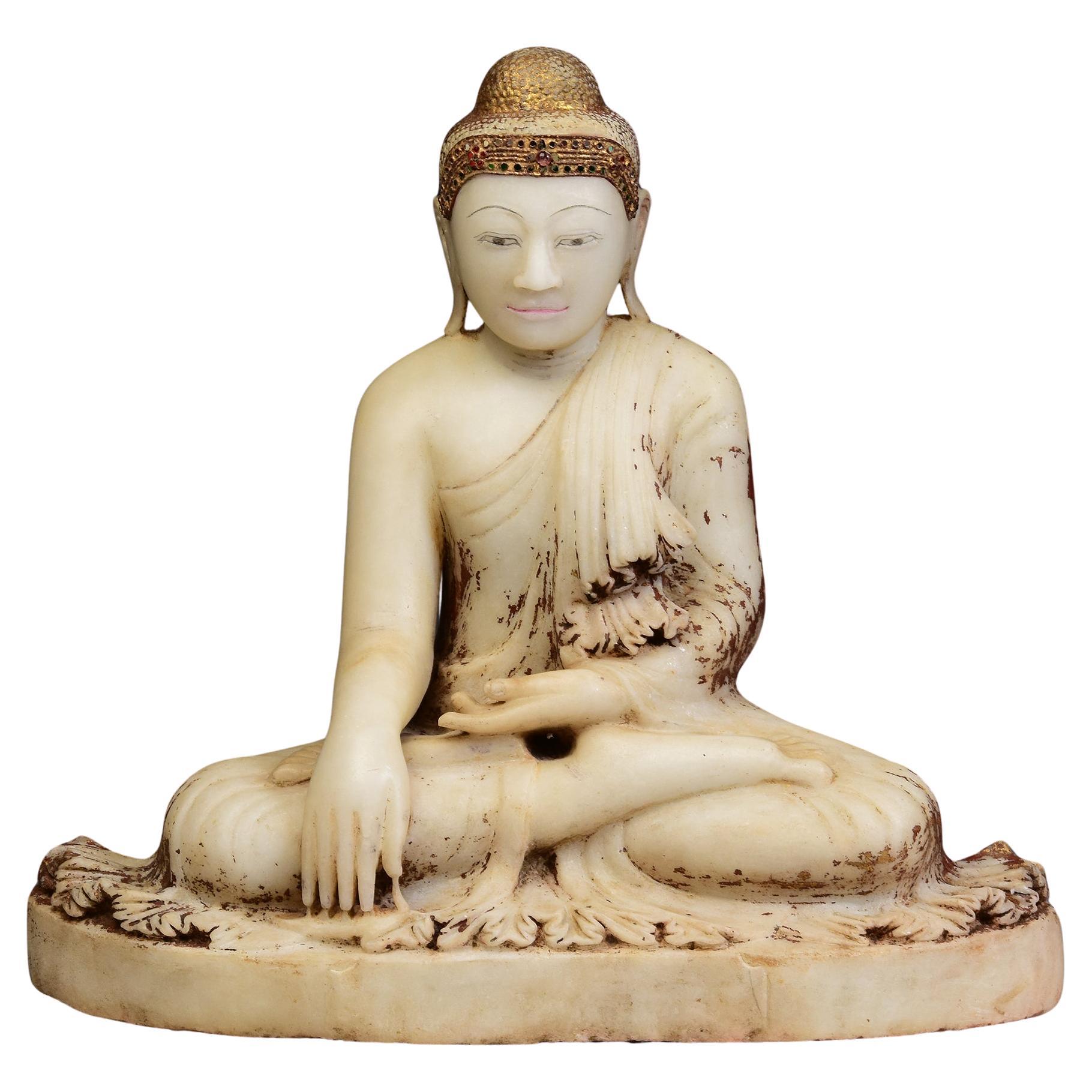 19th Century, Mandalay, Antique Burmese Alabaster Marble Seated Buddha Statue