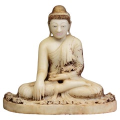 Mandalay, sitzende Buddha-Statue aus antikem burmesischem Alabastermarmor, 19. Jahrhundert